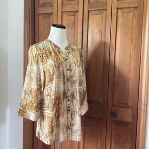 Denim & Co Cream & Brown Print Buttondown Shirt, Size M